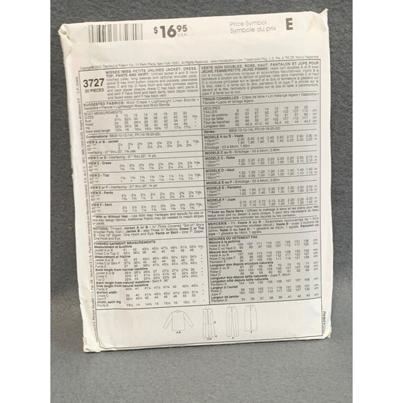 McCalls Pattern 3727 Jacket Dress Shirt Pant Skirt Sewing Size 8-14 uncut - Picture 2 of 2